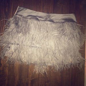 Bebe silk and feathered silver mini skirt